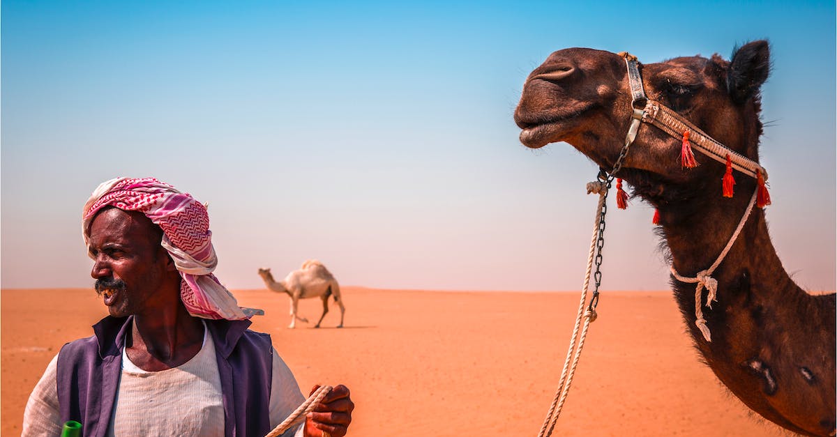standing-man-beside-camel-on-desert